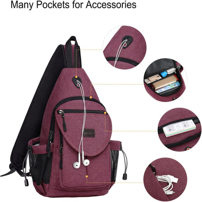 MOSISO Sling Backpack,Canvas Crossbody Hiking Daypack Bag with Anti-theft Pocket, Wine Red