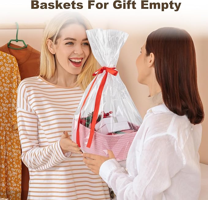 3 Pack Small Storage Baskets for Organizing, Cute Woven Decorative Gift Baskets for Shelves, Mini Closet Organizer Bins with Handles, 11.81''Lx7.87''Wx4.72''H-Pink