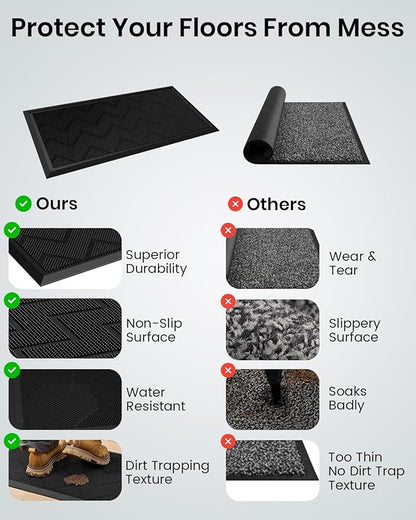 HAMARA Front Door Mat for Outside Entrance 35.5"x17" – Anti-Slip Dirt-Trapping Waterproof Rubber Indoor & Outdoor Mat with Textured Surface for Entryway - Heavy Duty All Weather Doormat – Black