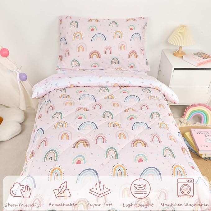 Toddler Bedding Set for Girls, 4 Piece Toddler Girl Bedding Set, Super Soft & Lightweight Pink Toddler Comforter Set Includes Comforter, Flat Sheet, Fitted Sheet, Pillowcase (Rainbow)