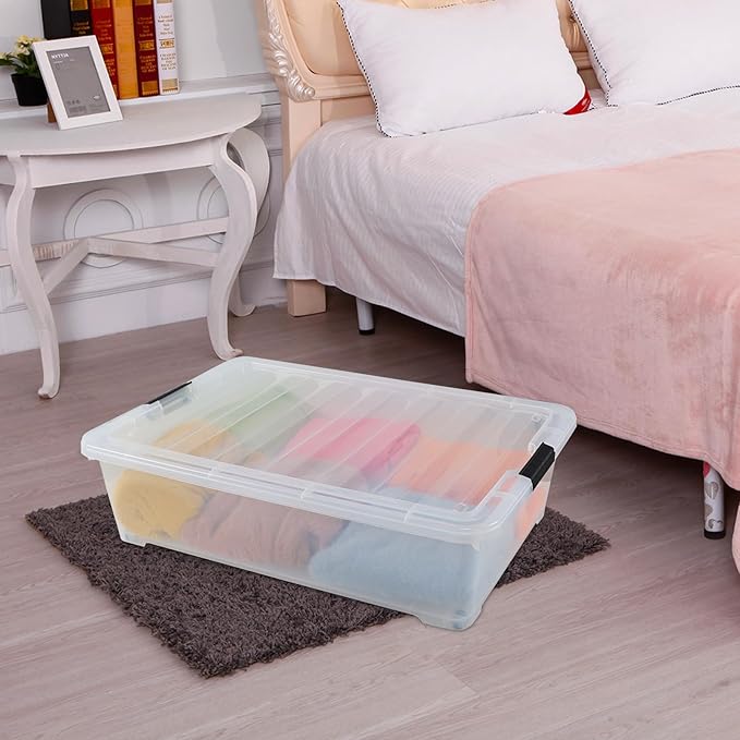 50 Quart Wheeled Latching Storage Box, Stackable Bin with Latch Lid, Plastic Container to Organize Shoes Underbed (3 Pack)
