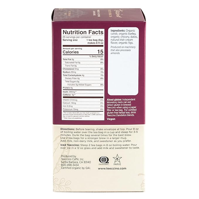 Teeccino Irish Cream Herbal Tea, Rich & Roasted Herbal Tea That’s Caffeine Free & Prebiotic for Natural Energy, 25 Tea Bags