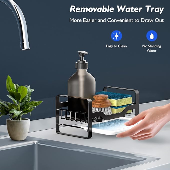 Sink Caddy Sponge Holder,Sponge Holder for Kitchen Sink,Kitchen Sink Organizer for Soap Brush Dispenser,Countertop Sink Caddy Organizer with Removable Drain Tray