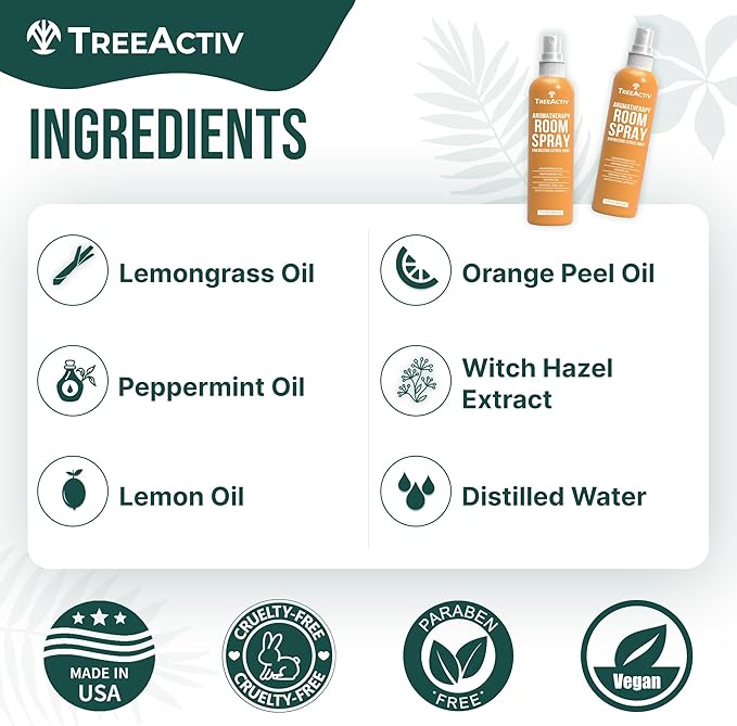 TreeActiv Aromatherapy Room Spray 4 oz, Natural Citrus Air Freshener, Essential Oil Odor Eliminator for Bedding, Pillow, Linen Mist, 1000 Sprays