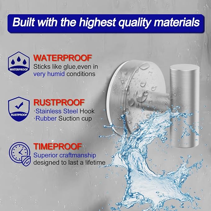 Suction Cup Hooks, Shower Hooks for Inside Shower – Removable Towel Hooks for Bathroom Window Glass Mirror Tile, Bath Robe Looafh Hook for Hanging – Waterproof & Rustproof, Silver(4 Pack)