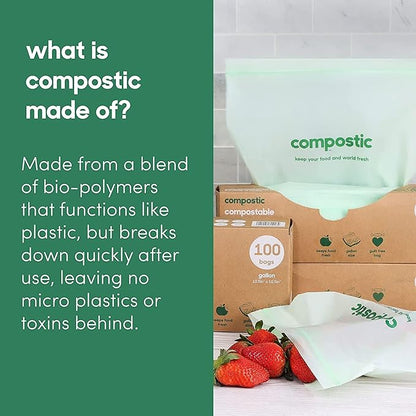 Compostic Home Compostable Resealable Sandwich Bags (7"x7"), Microwave & Freezer Safe, Organic Food Storage Container, 100 Count (Pack of 1)