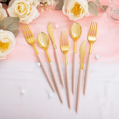 Rubtlamp 90Pcs Gold Plastic Silverware, Thanksgiving Gold Utensils Set With Pink Handles Include 30 Gold Knives, 60Plastic Forks and Spoons, Pink Silverware Heavy Duty For Thanksgiving