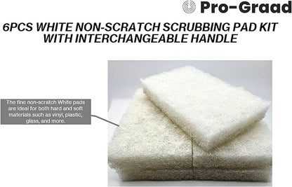 Handled Bath Scrubber 6 Piece Heavy Duty Cleaning Scrub Sponge Brush Bathroom Scouring Pads White Non-Scratch Remove Soap Scum Cleaning Shower Tile Bathtub Sink Pools Hot Tubs Waterline Steps Corners