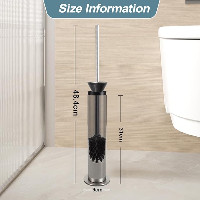 BGL Toilet Brush and Holder Set, Heavy Duty 304 Stainless Steel, Round Base and Long Handle for Bathroom Deep Cleaning, Drip-Proof, Space Saving for Storag, Stainless Steel