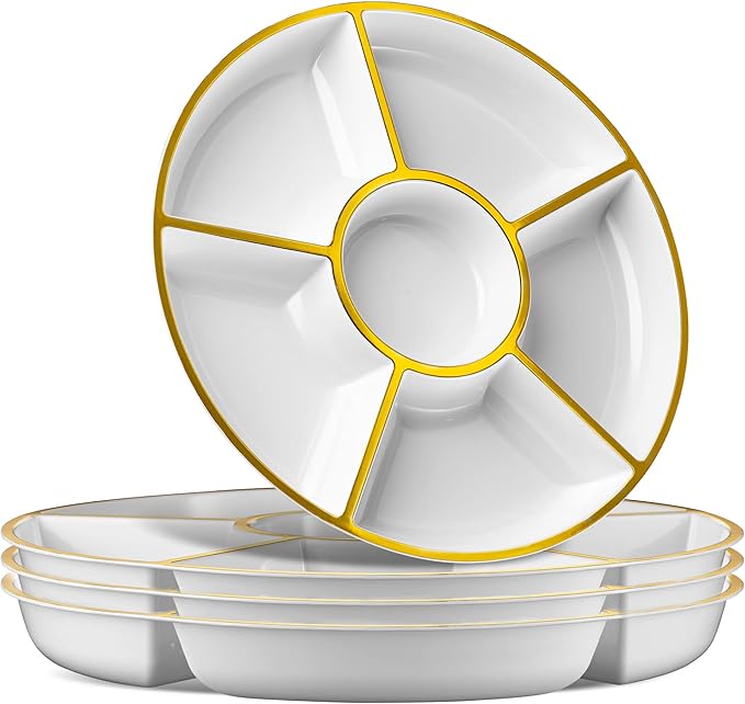Plasticpro 6 Sectional Round Plastic Serving Tray/Platter (2, White & Gold)