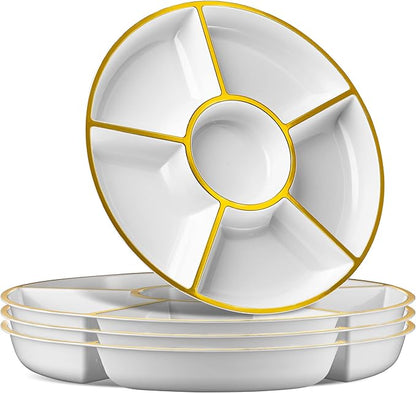 Plasticpro 6 Sectional Round Plastic Serving Tray/Platter (2, White & Gold)