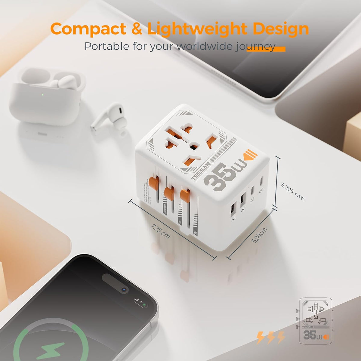 TESSAN Universal Travel Adapter 35W, International Plug Adaptor with 3 USB C and 2 USB A Charging Ports, Worldwide Power Outlet for US to European EU UK AUS Ireland(Type C/G/A/I)