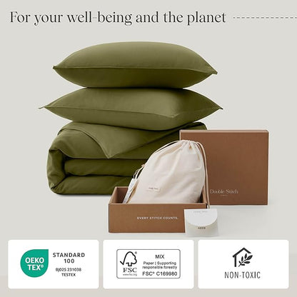 Double Stitch Cotton Tencel Duvet Cover - King Size Comforter Cover, Luxury & Soft Eucalyptus Lyocell Bedding Set for Hot Sleepers, Cooling, Smooth & Breathable, Button Closure, Olive Green, 106"x90"