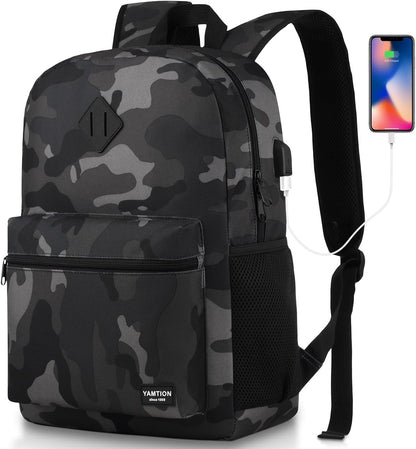 School Backpack,Classic Bookbag Men and Teen Boy Schoolbag with USB Charging Port for High School College Office Work Travel