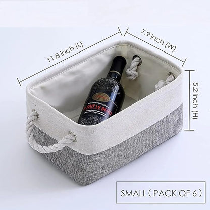 TcaFmac Small Storage Baskets for Shelf 6 Pack Canvas Storage Basket with Handles Fabric Storage Basket for Organizing Storage Bin (White and Grey, 12x8x5")