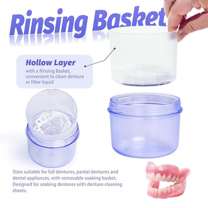 Large Denture case, No-Leak Denture Bath Box Denture Cup, Retainer Cleaning Box, Complete Clean Care for Dentures, Clear Braces, Mouth Guard, Night Guard & Retainers (transparent blue)