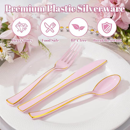 WDF 180 Pieces Pink Plastic Silverware with Gold -Pink Plastic Utensils Set - 60 Guest Pink Cutlery Disposable for Birthday/Party/Wedding