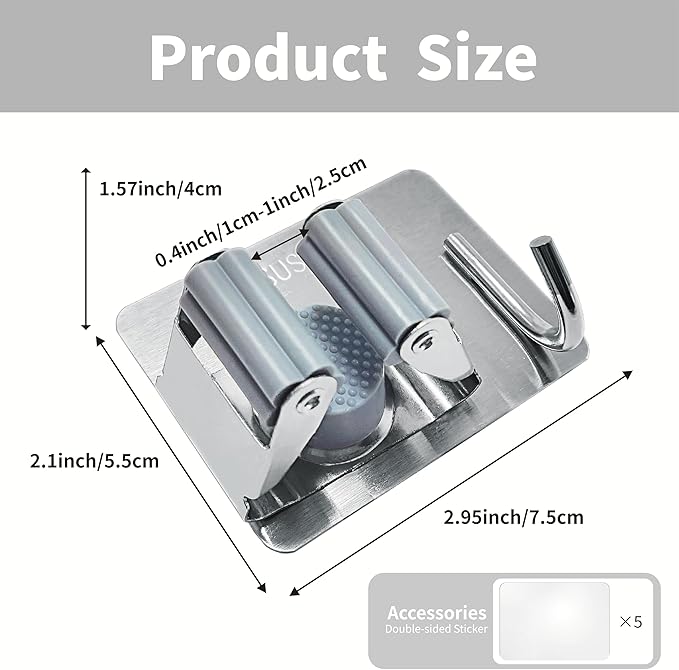 5 Pack Mop and Broom Holder Wall Mount, Silver Stainless Steel Mop and Broom Hanger with Hooks, Mop Broom Organizer for Closet Laundry Garage Garden Tool Organizer