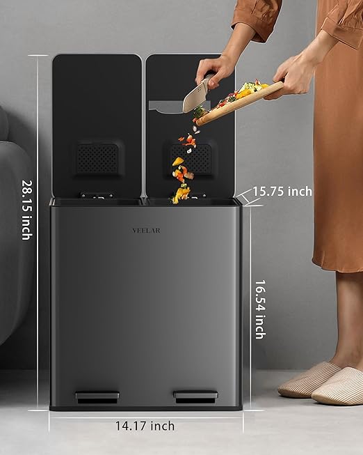 Kitchen Dual Trash Can - Double Touchless Garbage Bins 2 x 4 Gallon (2 x 15 L) with Lid, Stainless Compartment Trash and Recycle Bin Combo