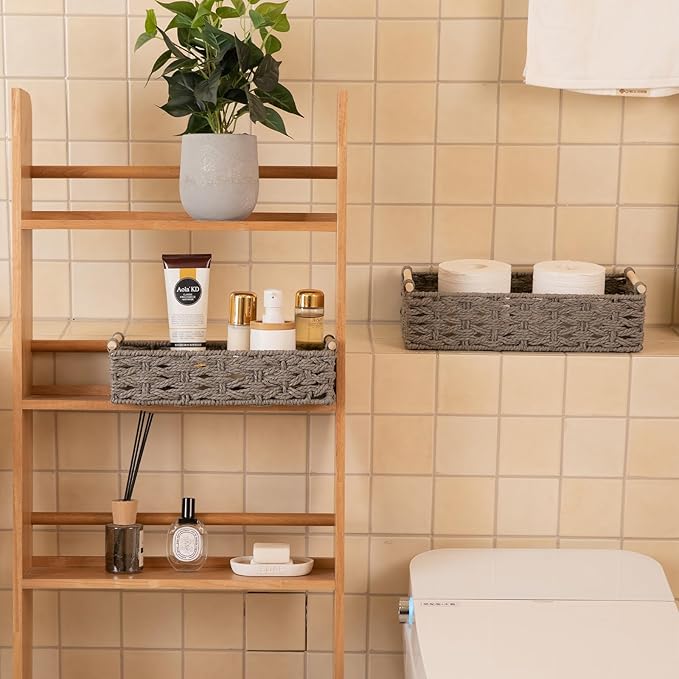 OIAHOMY Toilet Paper Baskets Handmade Paper Rope Decorative Wicker Storage Tank Shelf Cabinet Organizer for Bathroom Home, Set of 2, Grey