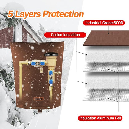 TOHONFOO Backflow Preventer Pipe Insulation Cover (5°F) - Irrigation Sprinkler Valve Insulated Pouch - Water Well Pump Cover - Sturdy 5 Layers for Winter Freeze Protection, 16" W x 20" H, Brown