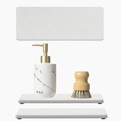 2PCS Bathroom Sink Vanity Trays, Water Absorbing Diatomite Stone Drying Soap Dish Dispenser for Kitchen Counter, Sponge Holder Mat Rack Faucet Splash Guard Caddy Organizer, Beige, 9"x3.5"