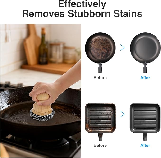 Cast Iron Scrubber and Scraper,Chain Mail Cleaner with Bamboo Handle & Draining Tray,316 Stainless Steel Brush for Cleaning Pots,Pans,Wok,Bakeware,Griddles, Grills(Small&Large ChainMail,2pcs)