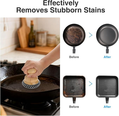 Cast Iron Scrubber and Scraper,Chain Mail Cleaner with Bamboo Handle & Draining Tray,316 Stainless Steel Brush for Cleaning Pots,Pans,Wok,Bakeware,Griddles, Grills(Small&Large ChainMail,2pcs)