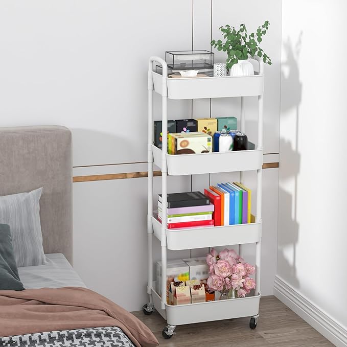 Sywhitta 4-Tier Plastic Rolling Utility Cart with Handle, Multi-Functional Storage Trolley for Office, Living Room, Kitchen, Movable Storage Organizer with Wheels, White
