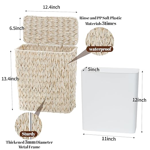 Wicker Trash Can with Lid and Liner,Boho Decotative Small Bathroom Trash Cans,Waterproof Slim Waste Basket for Bedroom,Home Office,3 Gallon