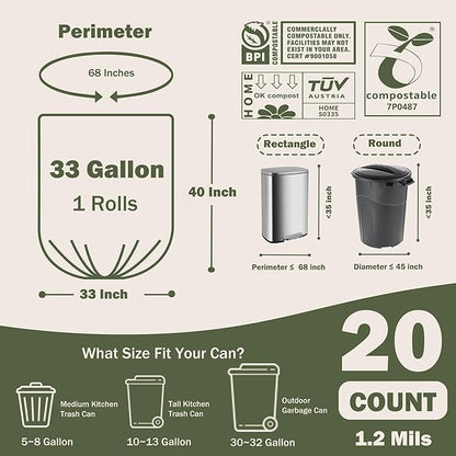 Compost Bags 33 Gallon 125 Liter Extra Thick 1.2 Mils Compostable Food Scrap Waste Bags with US BPI ASTM D6400 and Europe OK Compost Home Certified 20 Counts
