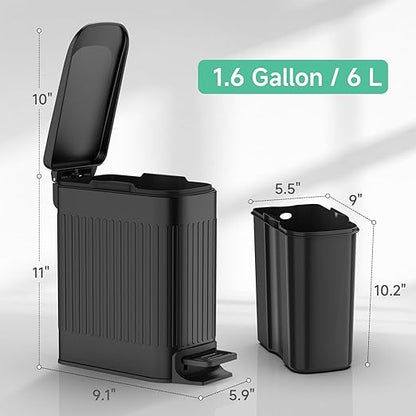 TIPGO Slim Bathroom Trash Can with Lid Soft Close, Step Pedal, 6 Liter / 1.6 Gallon Stainless Steel Trash Bin, Small Garbage Cans for Bedroom, Office, Kitchen (Black)