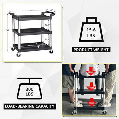 Plastic Utility Carts with Wheels, 3-Tier Rolling Service Cart, 300 lbs Heavy Duty Capacity with 4 inch Silent Casters(2 Lockable), for Home, Office, Restaurant, Warehouse.31.5"× 16" × 38"