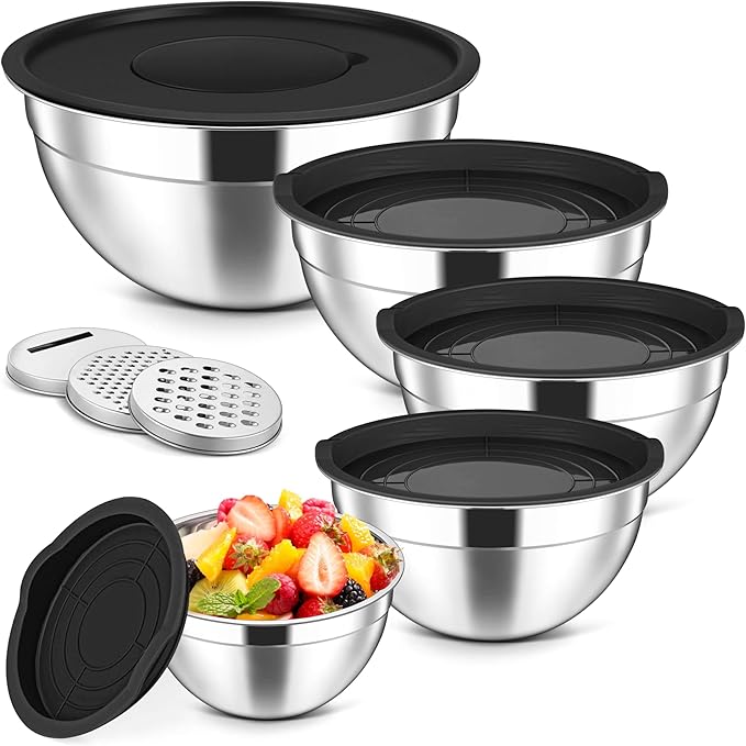 Herogo 5-Piece Mixing Bowls with Airtight Lids, 3 Grater Attachments, Stainless Steel Salad Serving Bowls for Kitchen, Size 4.6, 3.5, 2.5, 2, 1.5QT Ideal for Prepping & Cooking, Black