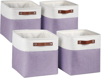 Univivi 10.5 Inch Fabric Cube Bins with Hard Bottom, 4 Pack Storage Baskets with PU Handles for Shelves Closet Foldable Storage Bins for Organizing (Purple,10.5" x 10.5" x 11")