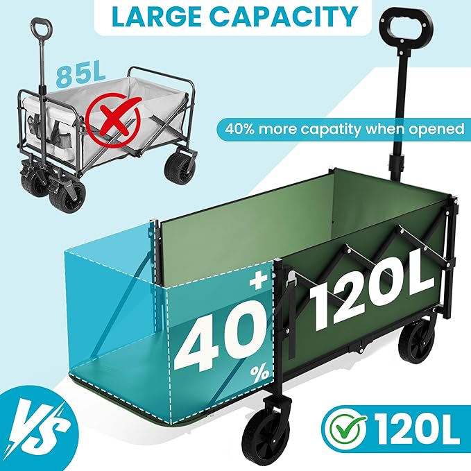 Collapsible Folding Wagon with Tailgate, Wagons Carts Foldable with 350lbs Capacity, Lightweight Portable Utility Wagon Cart for Shopping Camping Sports Garden (Green)