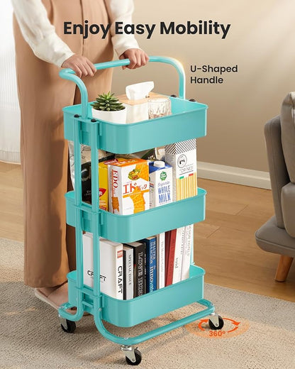 Pipishell 3 Tier Mesh Utility Cart, Rolling Metal Organization Cart with Handle and Lockable Wheels, Multifunctional Storage Shelves for Kitchen Living Room Office Turquoise