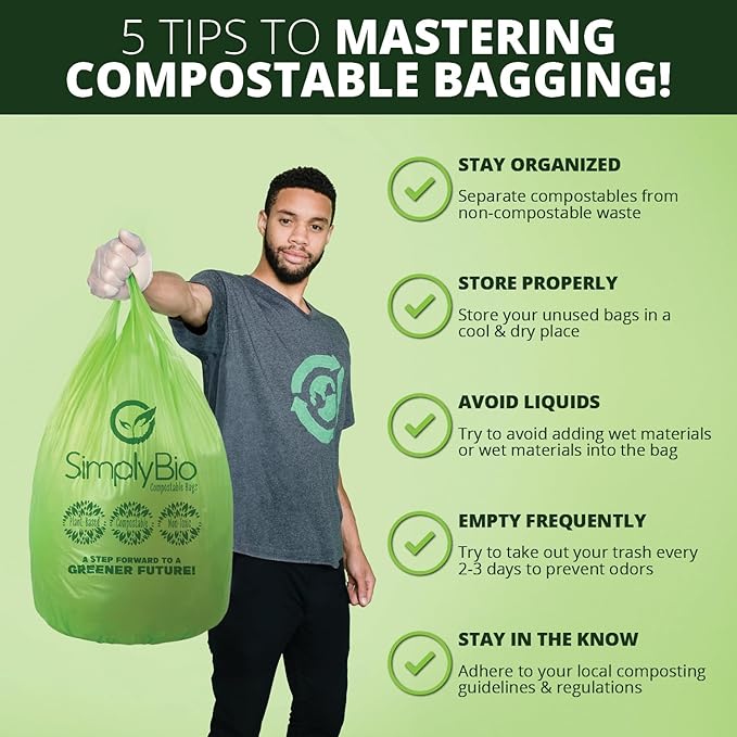 Simply Bio 13 Gallon Compostable Trash Bags Liners with Handle-Tie, Thick 0.87 Mil, 49.21 Liter, 30 Bags, Tall Kitchen Food Scrap Waste Bag, ASTM D6400, US BPI and OK Compost Home Certified