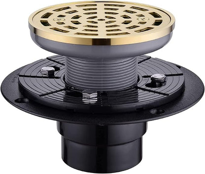 RANDOM Round Shower Drain SUS304 Stainless Steel Brushed Gold Shower Drain 4 inch with Adjustable PVC Base Flange,Shower Floor Drain with Removable Cover Grid Grate