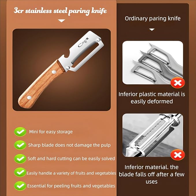 Premium Vegetable Peeler with Wooden Handle and Bottle Opener Stainless Steel Blade Kitchen Tool for Fruit Apple Potato Pumpkin Papaya Zucchini