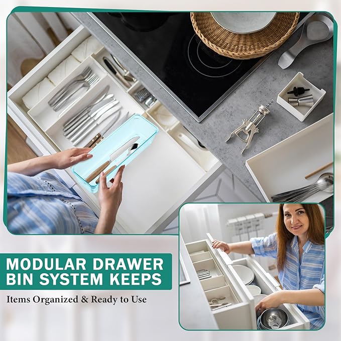 Maitys 12 Pcs Vanity Drawer Organizer 9 x 3 x 2 Inches Clear Plastic Utensil Organizers Kitchen Drawers Dividers for Office Desk Silverware Kitchen Utensils Cosmetics and Bathrooms(Blue)