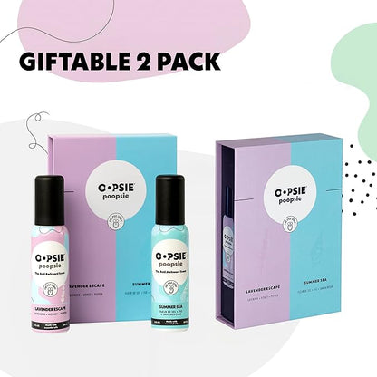 Oopsie Poopsie Pre GO toilet spray, discreet & portable original Pre-poo spray to use on the go. Assorted scents Lavender Scape/Summer Sea Toilet Odor Eliminator 2oz bottle Gift Set 2 pack