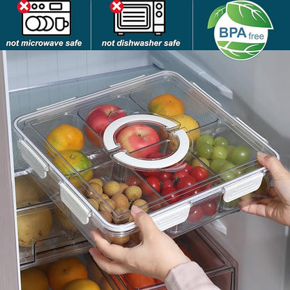 Taiuloo Divided Serving Tray with Lid & Handle, Airtight 6 Compartment Snackle Box Charcuterie Container, Fridge Organizer Bins, Food Storage Container Veggie Tray for Snack, Fruit, Candy, Nuts