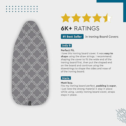 Encasa XO Ironing Board Cover and Pad 49"x18" - Thick 3mm Felt Padding, Drawstring Tightening & Lock, Easy Fit, Scorch & Stain Resistant, Fits Wide Ironing Board - Daisy Grey