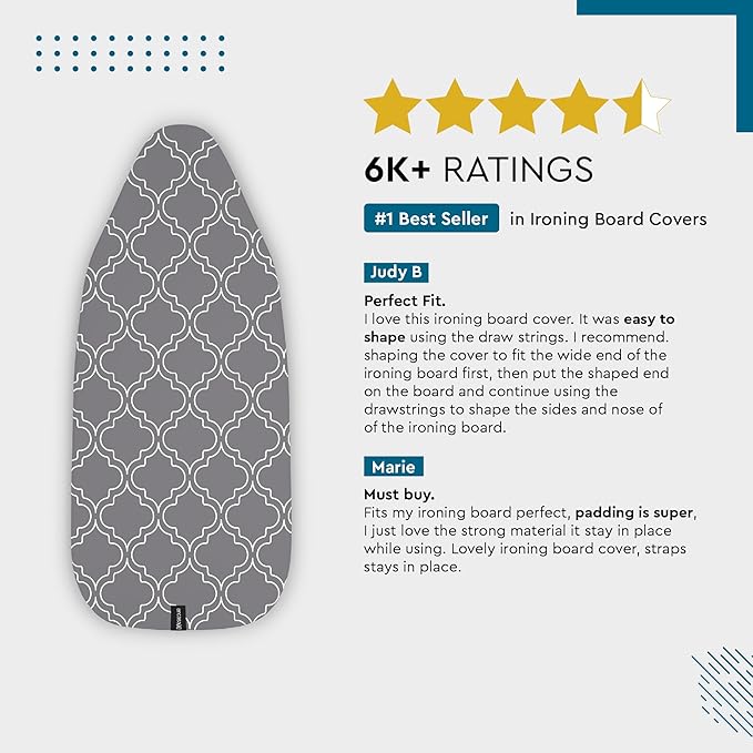 Encasa XO Ironing Board Cover and Pad 42"x14" - Thick 3mm Felt Padding, Drawstring Tightening & Lock, Easy Fit, Scorch & Stain Resistant, Fits Medium Ironing Board - Daisy Grey