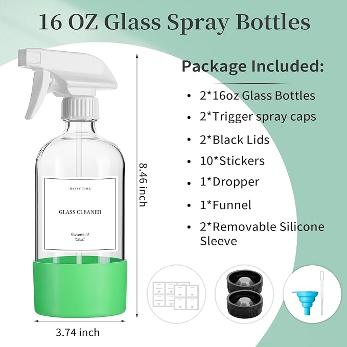 2 Pack Glass Spray Bottles with Silicone Sleeve,16oz Clear Glass Spray Bottles Refillable Empty Bottle with Adjustable Nozzle,Spray Bottle for Essential Oils,Cleaning Solutions,Pets,Hair