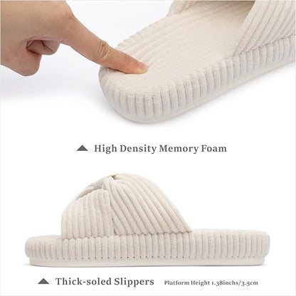 Chantomoo Slippers for Women Memory Foam House Bedroom Corduroy Bow Crossbands Slide Slipper Shoes Comfy Trendy Gift Slippers
