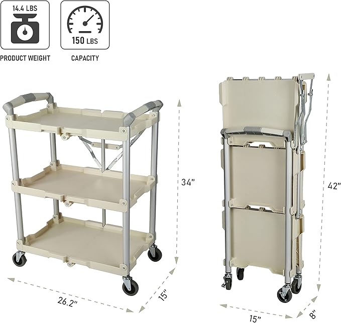 Olympia Tools 89-351 Pack-N-Roll Folding Collapsible Service Cart, 150LB Capacity, White