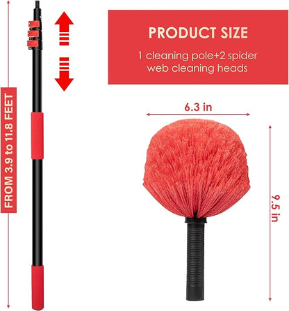 5-12 FT Cobweb Duster with Extension Pole, 20 FT High Reach Spider Web Brush with Telescopic Pole, Extendable Duster with 2 Outdoor Cobweb Brushes, Duster for High Ceiling