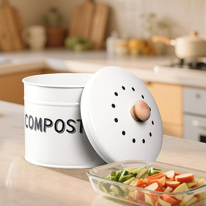 Compost Bin for Kitchen Counter, 1 Gallon Compost Bucket with Lid and Charcoal Filter, Countertop Composter, Rust Proof Indoor Food Waste Bin, White